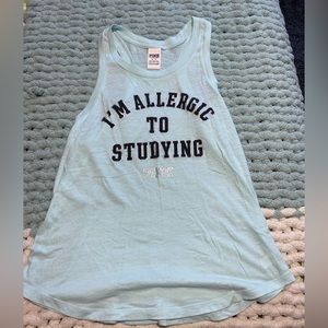 PINK Light Blue tank top that says “IM ALLERGIC TO STUDYING” Size MEDIUM